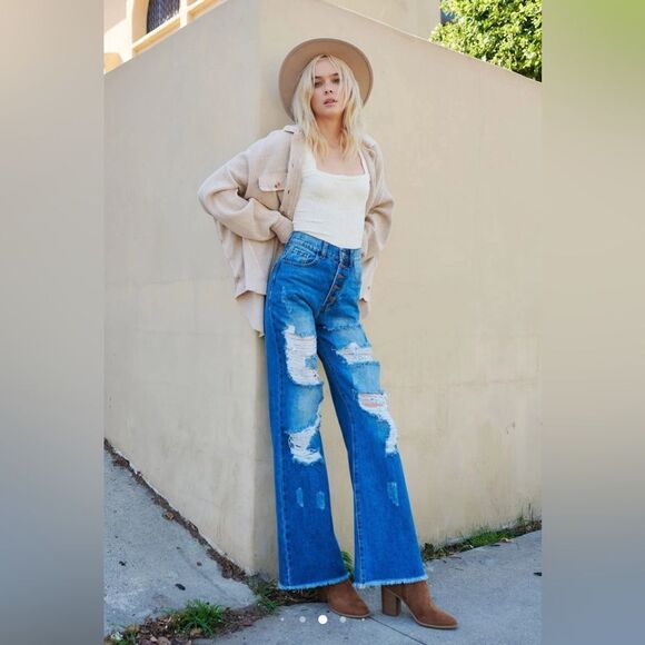 Vibrant M.i.U Ripped Hem Button fly Wide Leg distressed Jeans Sz 13 - Picture 1 of 11